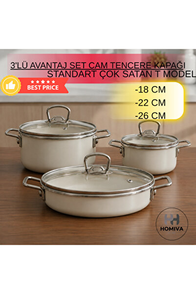 HOMIVA HOME CAM TENCERE KAPAK SETİ-18CM-20CM-26 CM