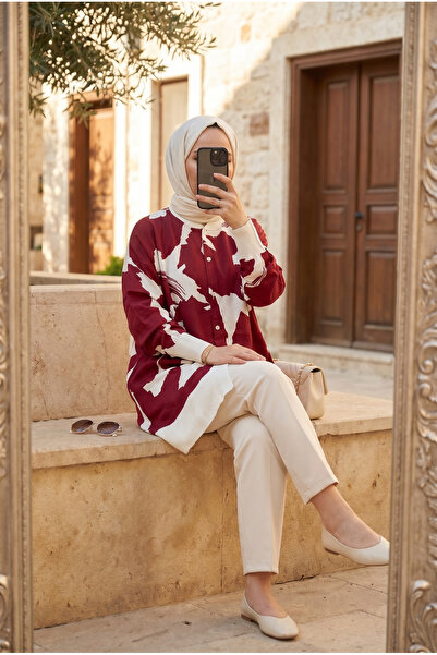 Kirazca Butik Women's Geometric Patterned Ribbed Decorated Loose Fit Hijab Tunic