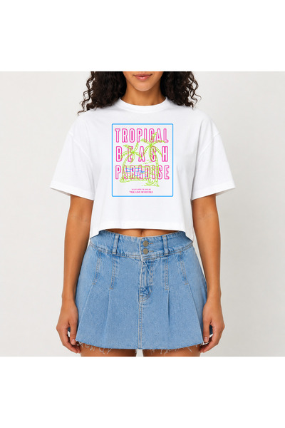 URBANTRENDSTORE Crop T-shirt με λευκό σχέδιο, άνετη εφαρμογή, ακατέργαστη κοπ...