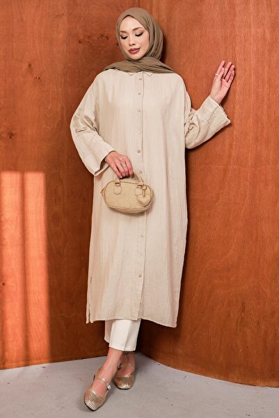 İmajButik Beige Buttoned Muslin Tunic