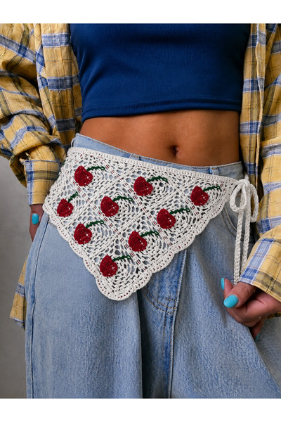 synshop White Cherry Knitted Triangle Waist Bandana Women's Bohemian Vintage ...