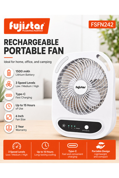 fujistar مروحة محمولة قابلة لإعادة الشحن FSFN242 مقاس 6 بوصات بمنفذ Type-C وثلاث سرعات للمنزل والمكتب والتخييم