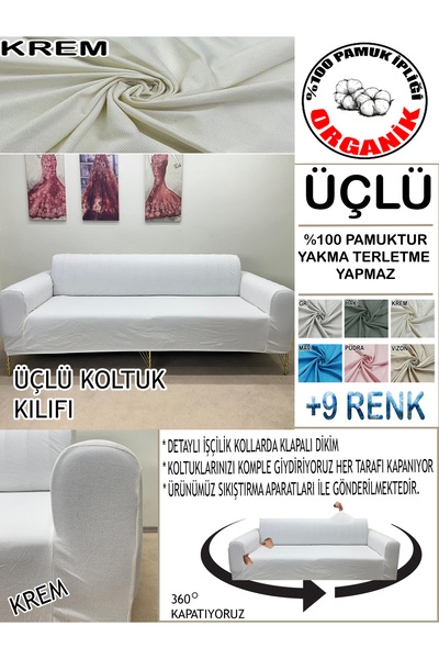 IL %100 Pamuklu Petek Dokulu Kumaş 1 Adet Üçlü Koltuk Kılıfı, Komple Kaplama,...
