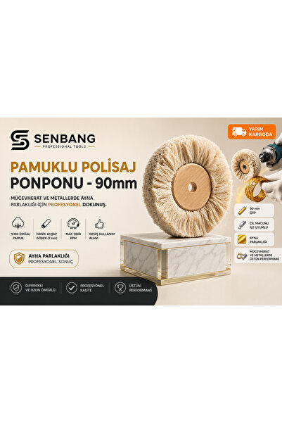 SENBANG Pamuklu Polisaj Ponponu 90mm Ahşap Göbekli Parlatma Keçesi Metal Takı...