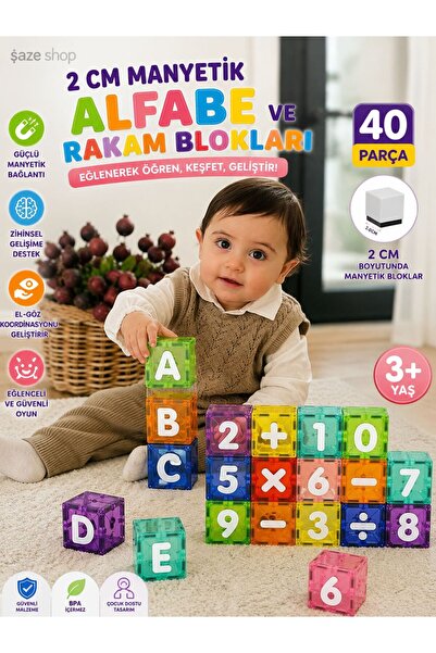 SAZE 40 Parça 2 CM Manyetik Alfabe ve Rakam Blokları Eğitici Oyuncak Seti