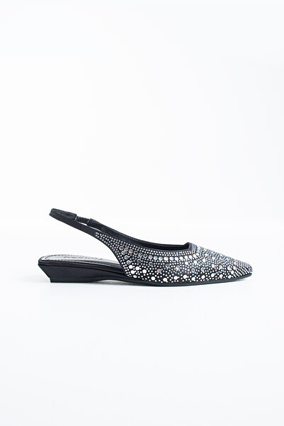 dericia shoes Zenvia Women's Black Satin Stone Detailed Flat Heeled Casual Shoes