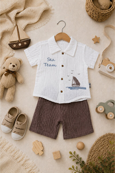 Minelia Kids Erkek Bebek %100 Pamuk Müslin Nakışlı Gömlek ve Şortlu Yazlık 2’...