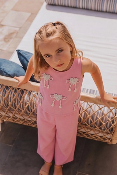 FESSHERA KİDS Girl's Set Heart Bow Patterned Top and Elastic Waist Pants Bottom and Top