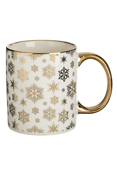 Zumzeria Christmas New Bone Mug White with Beige Champagne Handle & Snowflake...
