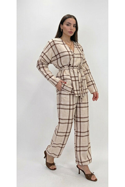 My Blog Brown Plaid Kimono Shalwar Set - 0993