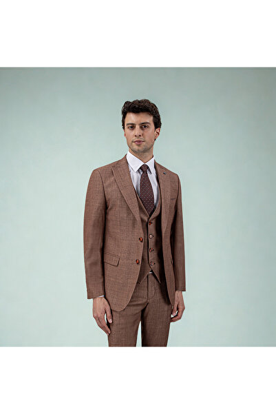 MUBE Erkek Likralı Slim Fit Sivri Yaka Yelekli Takım Elbise