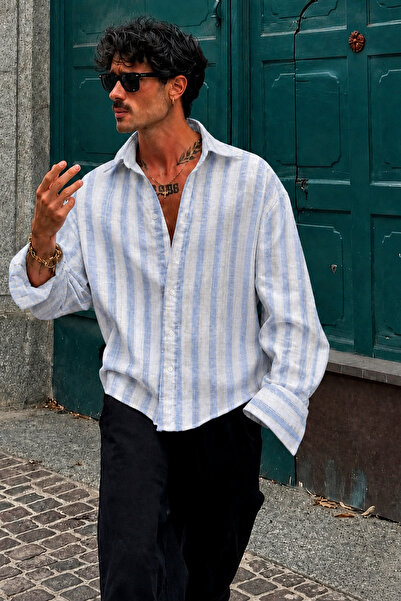 BLUE STREET Men's Linen Blend Oversize Striped Shirt Striped Comfortable Fit ...