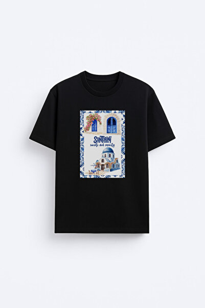 AYDESİGN Tricou negru din țesătură de bumbac 100% imprimat Santroni