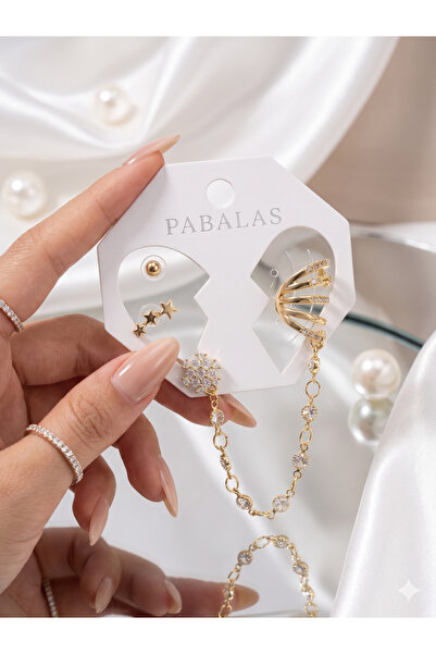 PABALAS طقم أقراط أذن على شكل كفة الأذن مرصع بحجر الزركون مع سلسلة متدلية، أق...