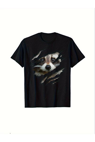 yiou trendy clothing تي شيرت رجالي أسود بنمط الراكون اللطيف