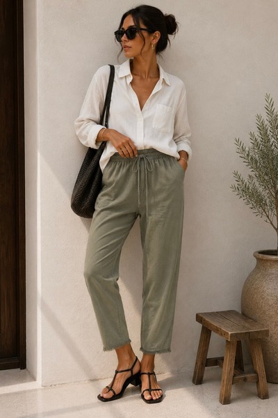 bb butik basic Pantaloni din gabardină de in texturat Tok, cu cusături fine, ...