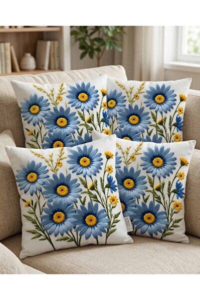 menesahome Set de 4 huse de pernă cu model Blue Daisy, cu aspect de broderie ...