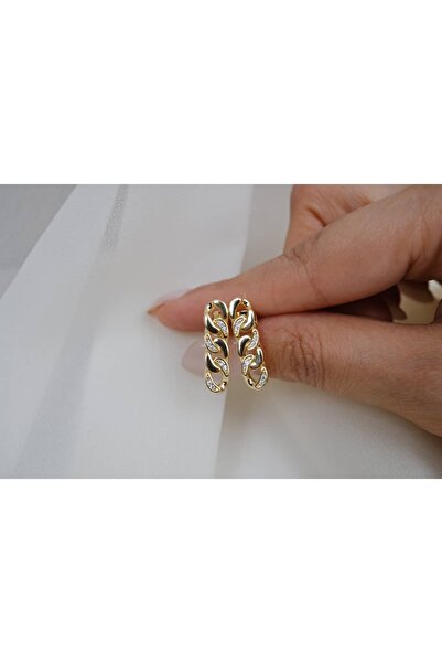 ATELİER TUĞBA KP431 ZİRKON TAŞ DETAY GURMET ZİNCİR MODEL MİNİMAL GOLD KÜPE (u...