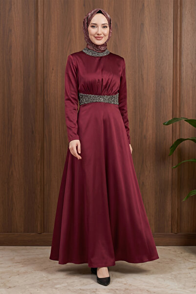 FERHEL Women's Satin Evening Dress with Stone Detail on Collar and Waist - Bu...