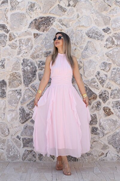 bytugcekaya Pembe Önü Büzgülü Fırfırlı Şifon Elbise