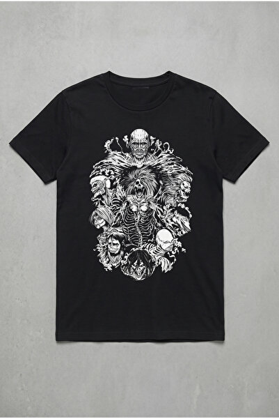 Silkensoul Attack on Titan Tüm Dokuz Dev Tasarımlı Siyah Standart Fit T-Shirt