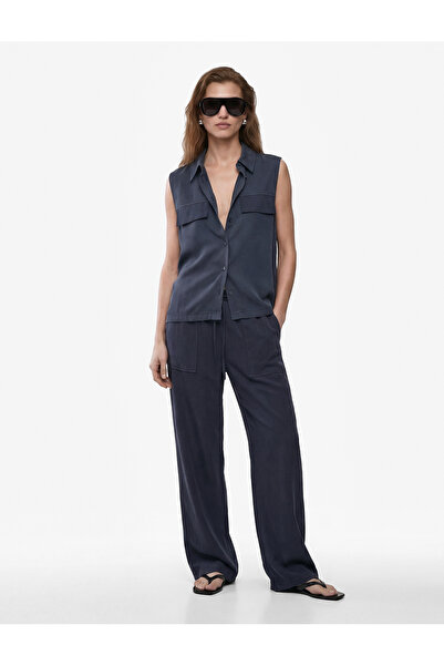 Koton Viscose Cupro Fabric Wide Leg Pants with Elastic Waist, Lace-Up and Poc...