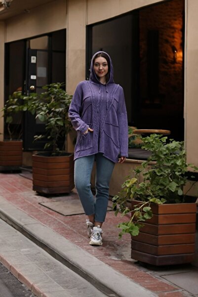 SHOPPEBUTİK سترة نسائية من القطن العرقي بقلنسوة وجيب أمامي واحد