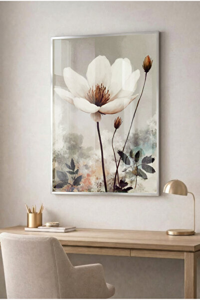 Zevahir Mobilya Dekorasyon White and Gray Abstract Floral Glass Painting - Si...