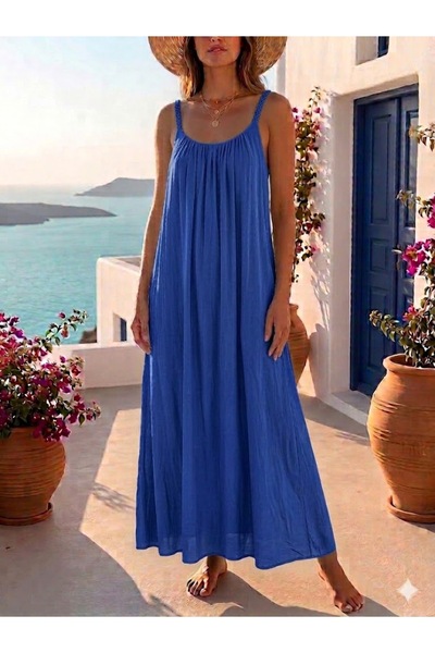 AYASOFYA OTANTIK Women's Italian Saks Blue Strappy Long Lined 100% Viscose Dress