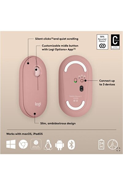 logitech PEBBLE 2 M350S KABLOSUZ BLUETOOTH SESSİZ OPTİK MOUSE PEMBE 910-007014