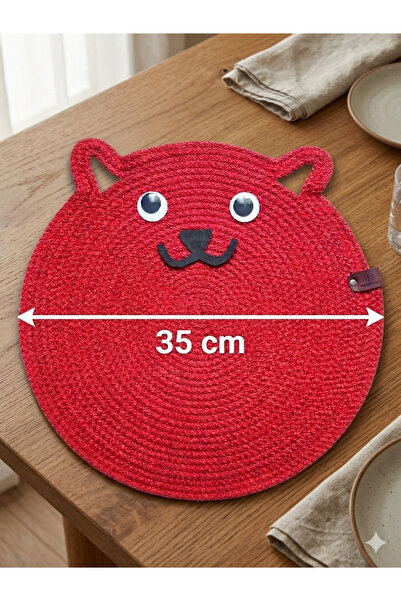 Çocuklar İçin Kedi Figürlü Kırmızı Supla 35 cm Dekoratif Amerikan Servis Tabak Altlığı