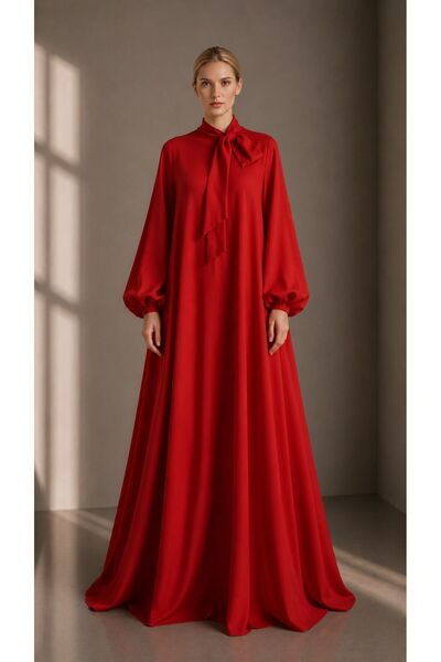ALYEL NAKER A-Form Maxi Red Crepe Dress with Balloon Sleeves & Tie Detail at ...