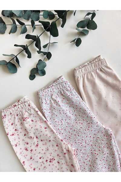 Panfilia %100 Pamuk Kız Bebek Çocuk 3'lü Paçası Lastikli Alt Pijama Eşofman J...