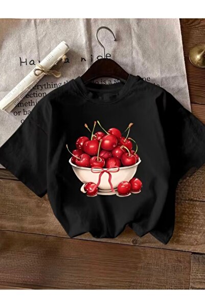 LELVANİ Women's T-Shirt with Cherry Print and Circular Collar
