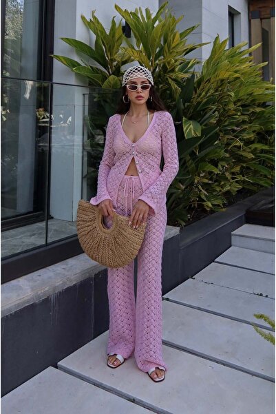 Havoş Pembe İnci Düğme Detaylı Bluz Pantolon Takım
