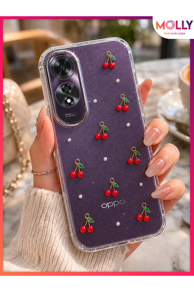Molly OPPO A60 İçin Cherry Pearl Luxe Şeffaf Işıltılı Kiraz Desenli Premium K...