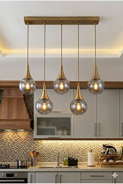 VENON Elora 5.li SIRALI ✨ ESKİTME ✨ FÜME GLOP CAMLI ✨ Yemek Masası Avizesi Sa...