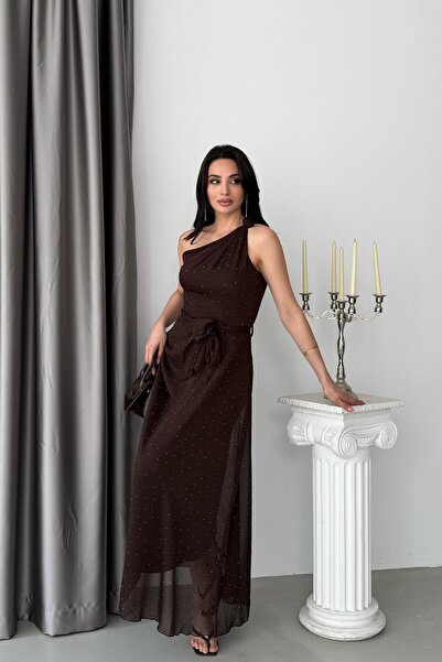 Serica Moda Brown Shoulder-Tie Stoned Chiffon Dress