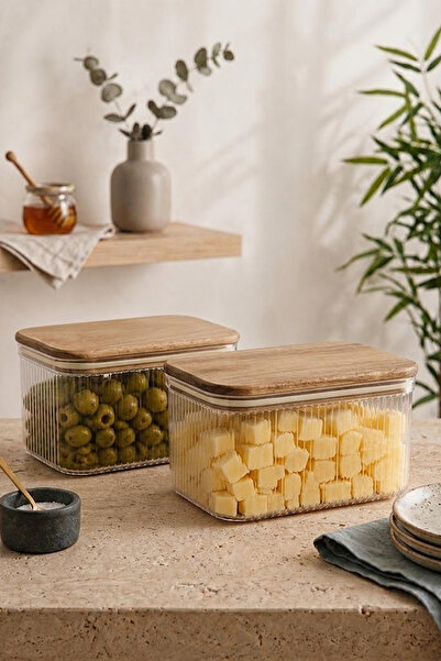 NESS HOME 2-Pack Vacuum Rectangular Storage Container with Wooden Lid and Lab...