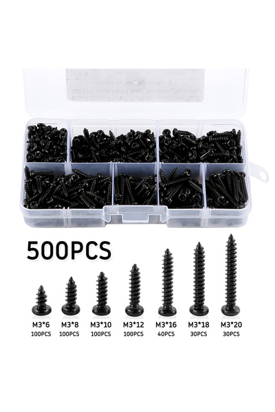 Choice black 500Pcs M3 Screw Set 6/8/10/12/16/18/20mm Carbon Steel Cross Pan ...