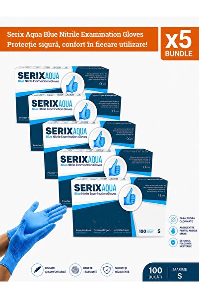 SERIX 5 Cutie x 100 Manusi Examinare Nitril Albastre, Nepudrate, Aqua (S)