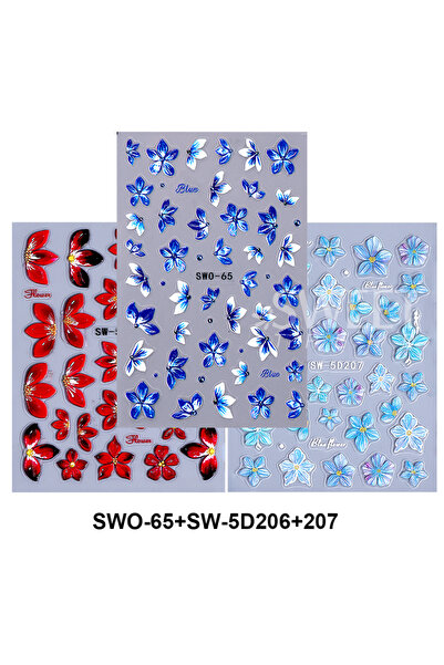 Choice ملصقات أظافر SWO-65 SW-5D206 207 SWEET TREND-5D منقوشة بزهور زرقاء وحم...