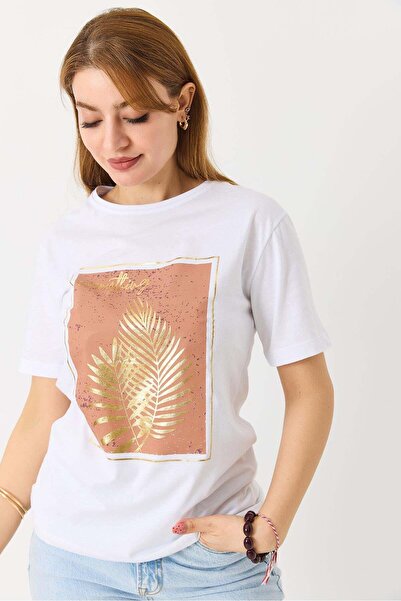 Raneel Kazançlı Alışveriş Women's Palm Tree Shiny Printed Tshirt White