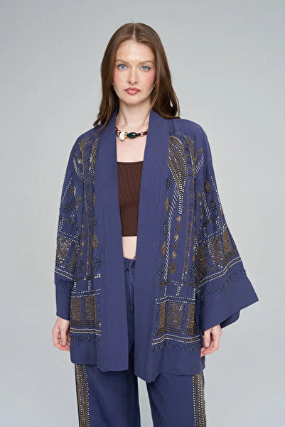 Hilals Butik Boncuk İşlemeli Oversize Lacivert Tencel Kimono