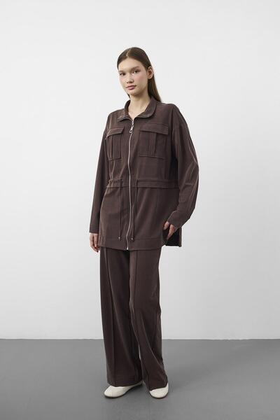 Basicpark Coffee Tencel Fluid Texture Adjustable Waist Pre-Stitched Jacket an...