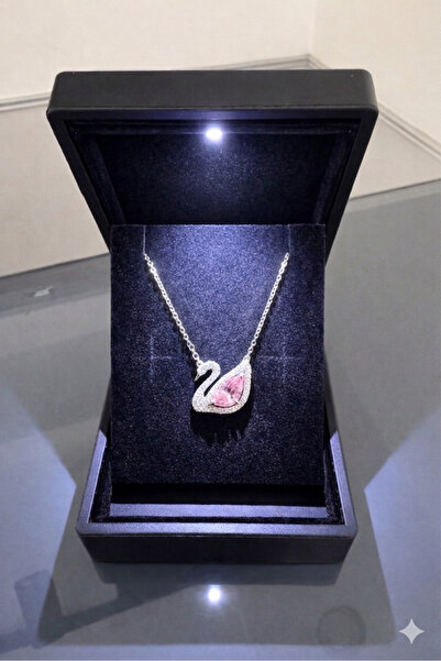 shop IŞIKLI KUTUDA GÜMÜŞ RENK PEMBE TAŞLI PASLANMAZ KUĞU KOLYESİ ÇELİK