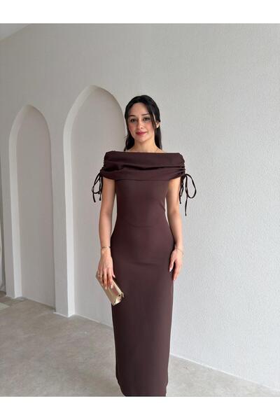 Mooi Butik فستان ميدي بتفاصيل ياقة من PONZA 4928 - بني غامق