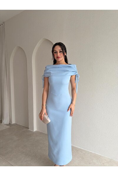 Mooi Butik PONZA Yaka Detaylı Midi Elbise 4928 - Bebe Mavisi