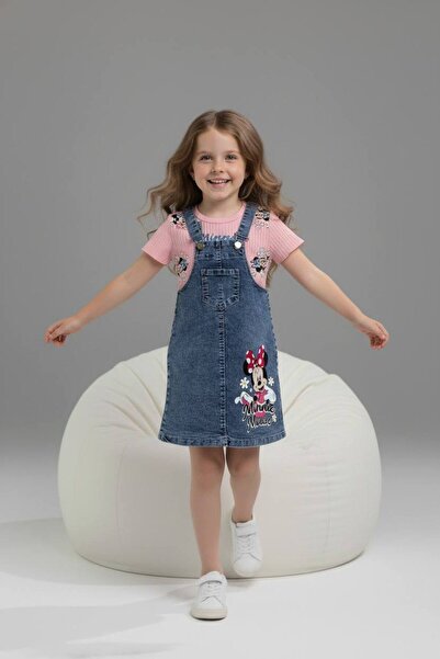 pebby Girl's Printed T-Shirt - Skirted Denim Salopet Set