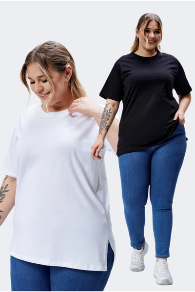 BANEGA Curve Plus Size Black and White 2-Piece Boyfriend Crew Neck Slit 100% ...